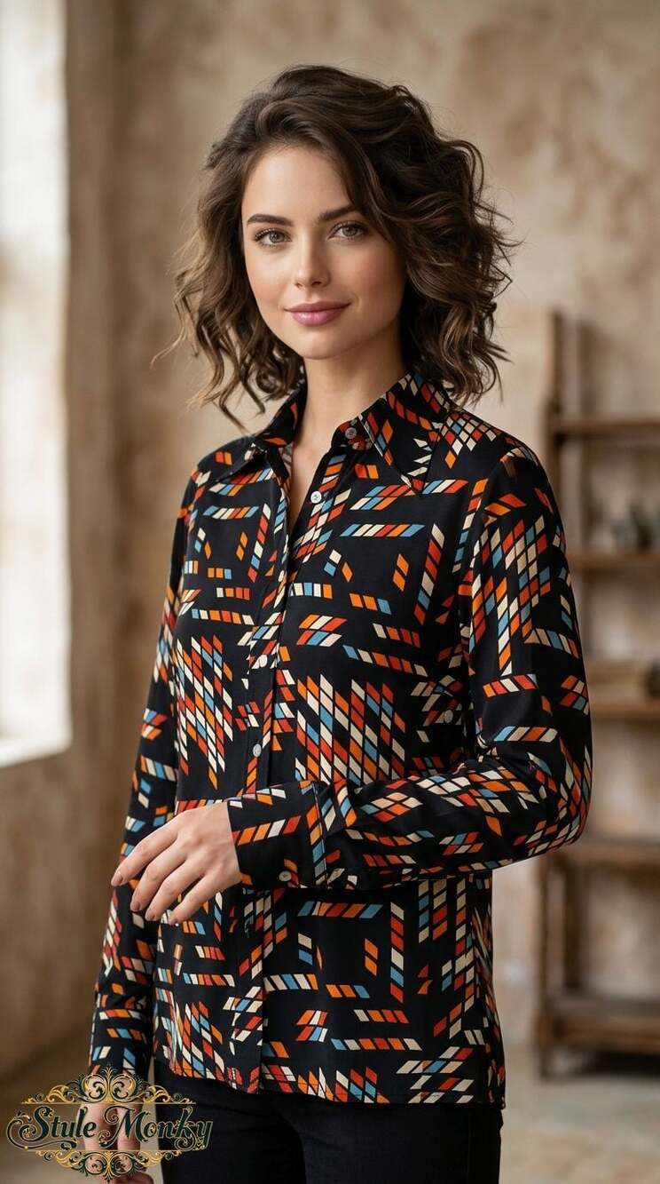 Vintage Joyce Nylon Knit Geometric Long Sleeve Button Down Shirt Size 34